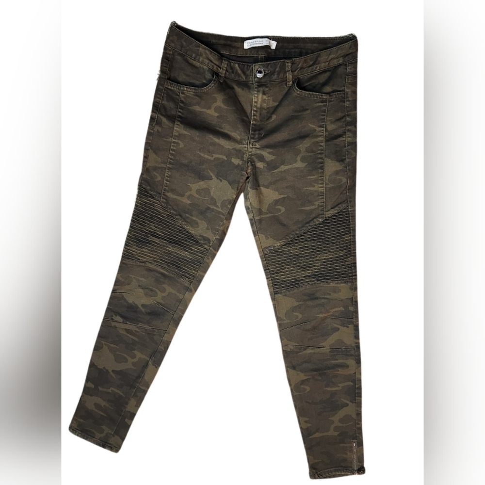 Zara - Olive Green Camo Moto‎ Skinny Jeans - Size 8